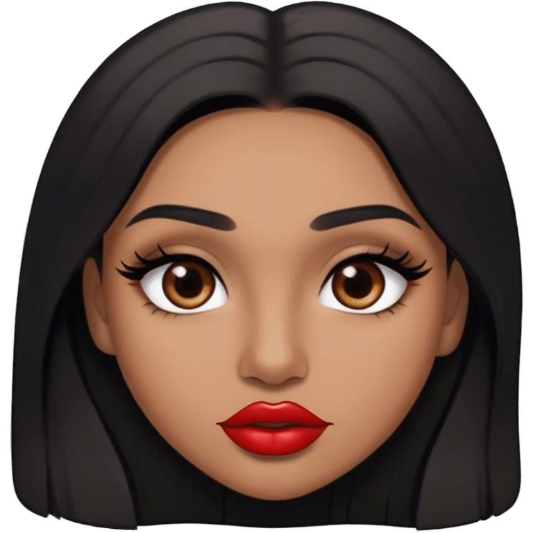 Woman, light brown skin, black long hair, medium arched eyebrows, brown eyes, full lashes, and red lips emoji