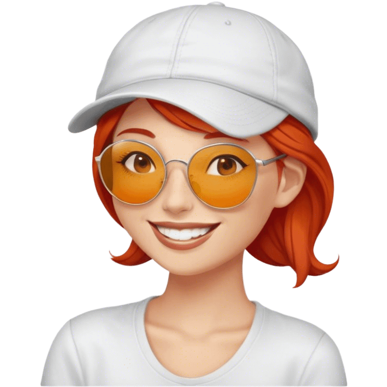 Red hair woman smiling with cap and sunglasses on emoji