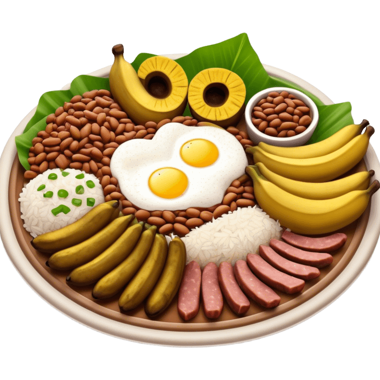 Cinematic Realistic Bandeja Paisa Dish Emoji, depicted as a hearty platter featuring beans, rice, meat, and plantains rendered with detailed textures and vibrant, robust lighting. emoji