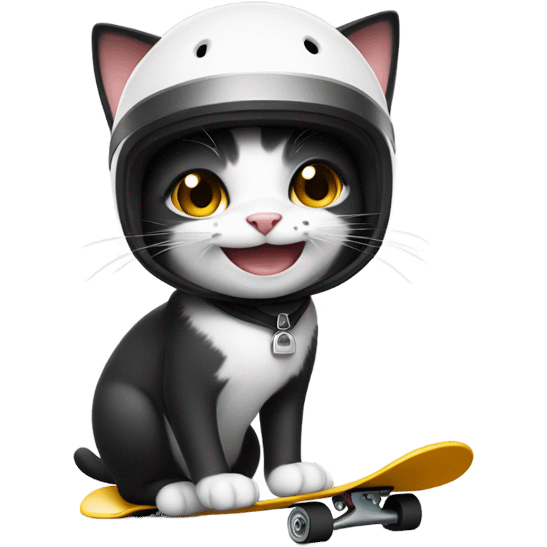 Smiling Black and white cat skateboarding with crash helmet  emoji