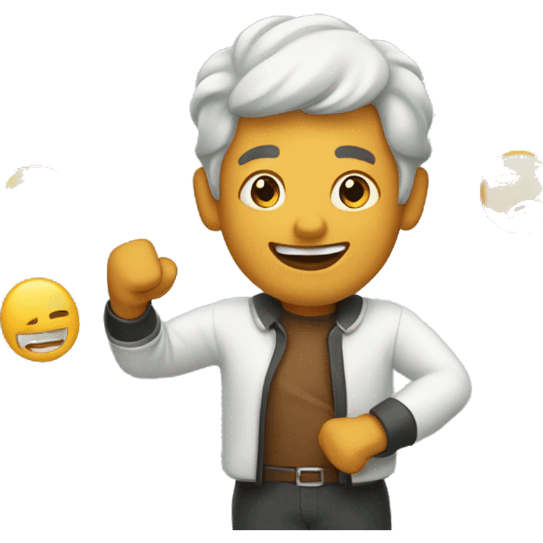 A cheerful man (with hand gestures) making a pitch emoji