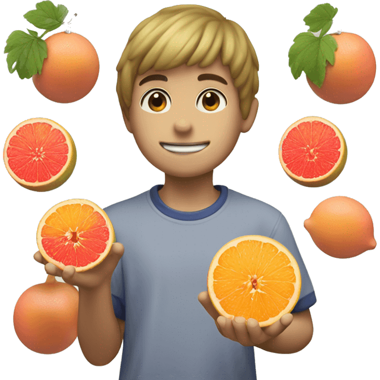 boy with a grapefruit and a ok hand on the grape fruit emoji