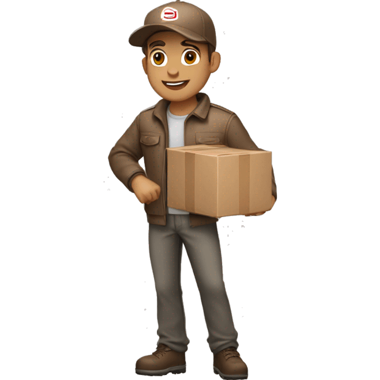 Delivery boy, full body, light skin tone, wearing brown cap and brown jacket, UPS delivery company uniform loading a package without background emoji