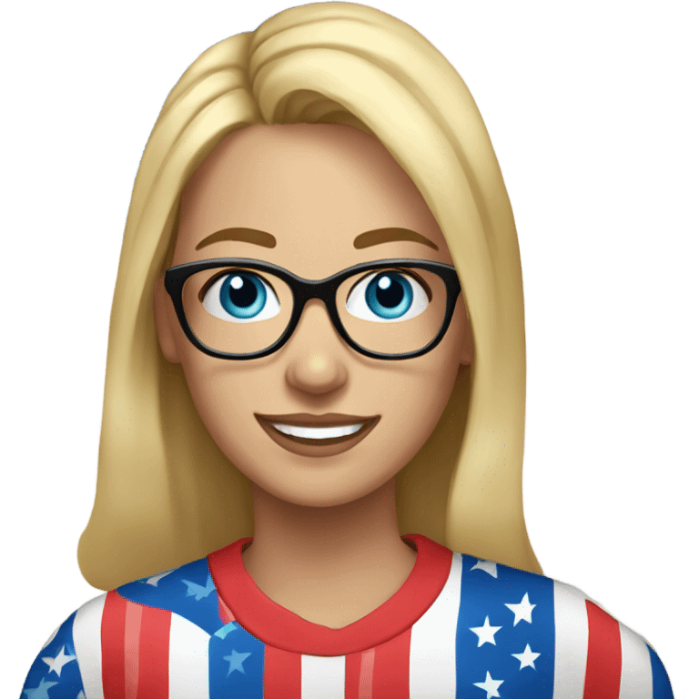 A woman wearing an American flag shirt, pretty, medium blonde hair, blue eyes, glasses, white teeth, freckles emoji