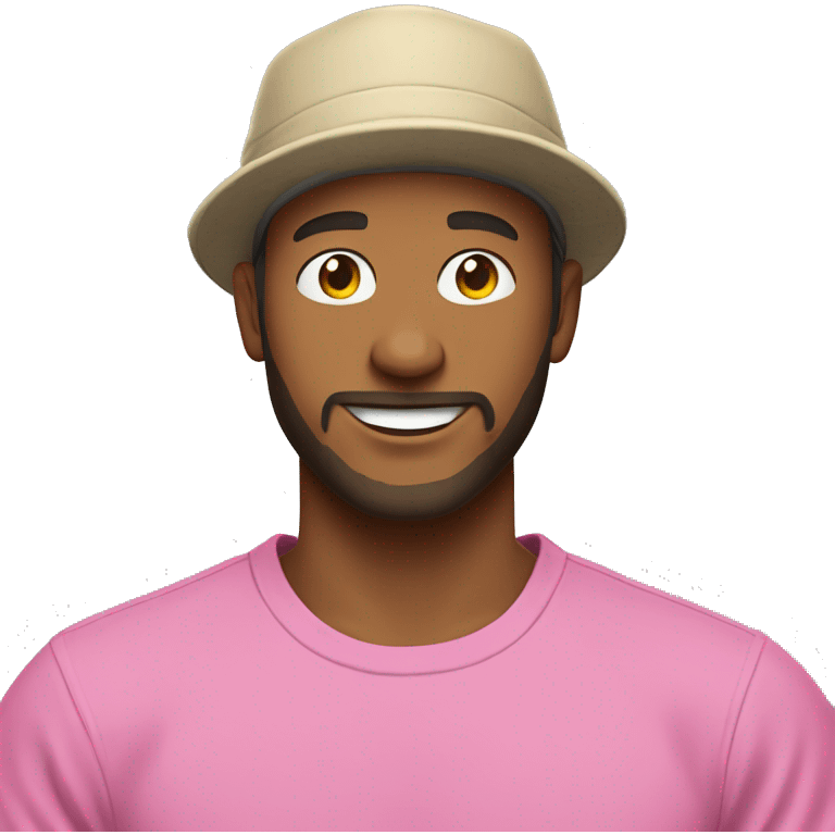 Man with dark blond hair and short beard, pink bucket hat and pink tshirt smiling emoji