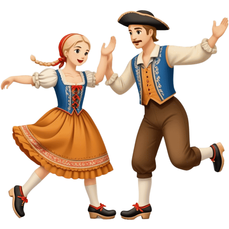 Cinematic Realistic scene of two performers executing the Klompendans, dressed in traditional Dutch costumes complete with wooden clogs and detailed folk patterns, captured in lively motion with soft, natural lighting emoji