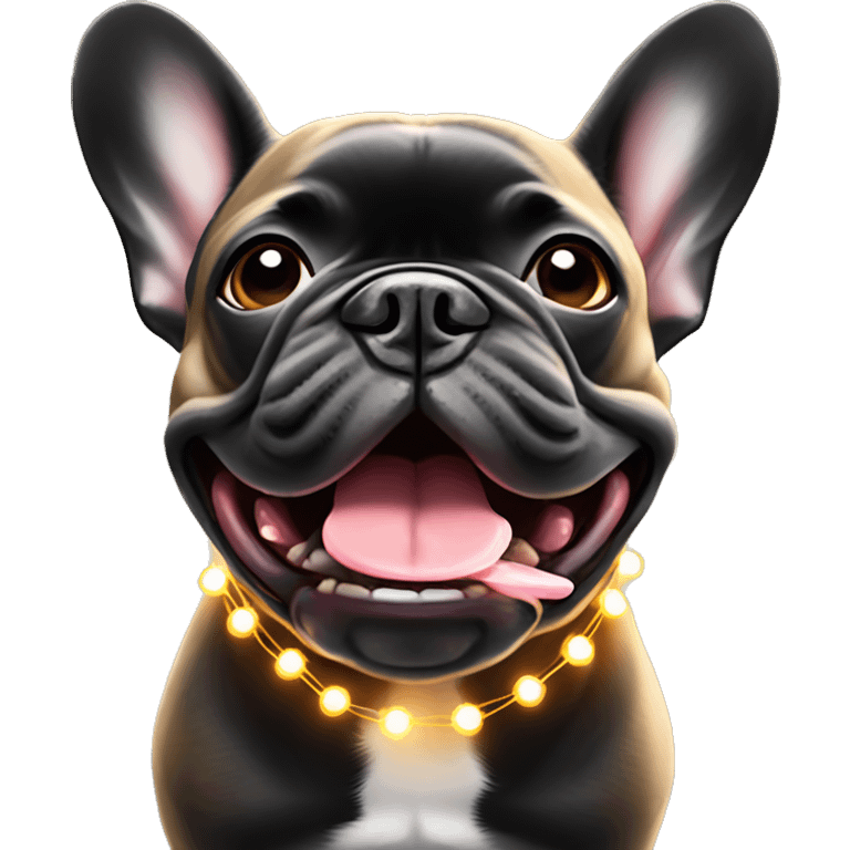 Black and tan French bulldog with Christmas light string in his mouth  emoji