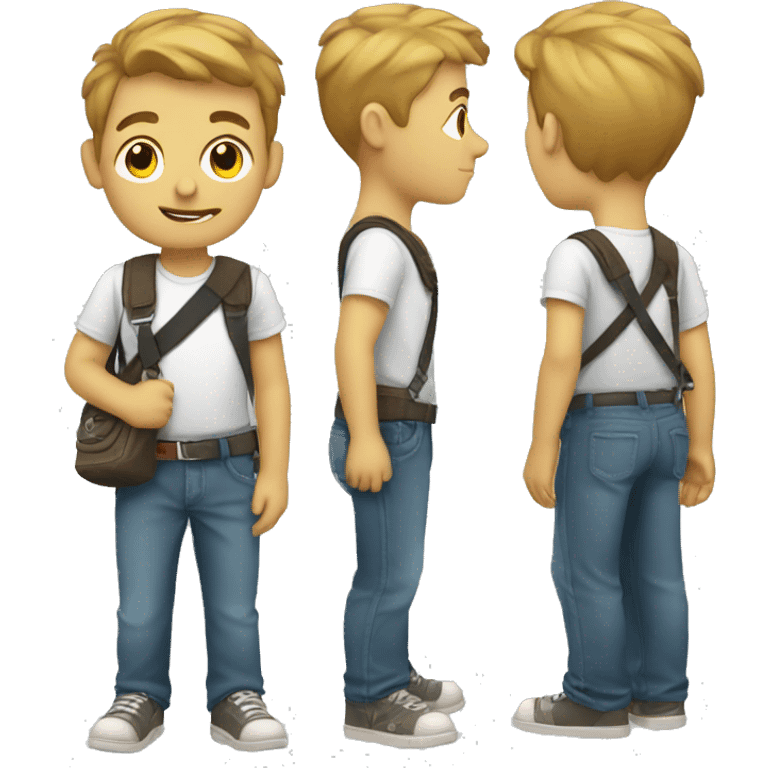 A boy wearing a sling bag across his body and holding strap with his hand emoji