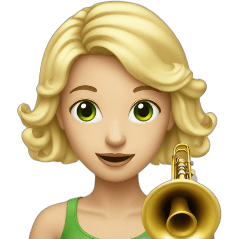 a green-eyed blonde girl with a trumpet nose emoji