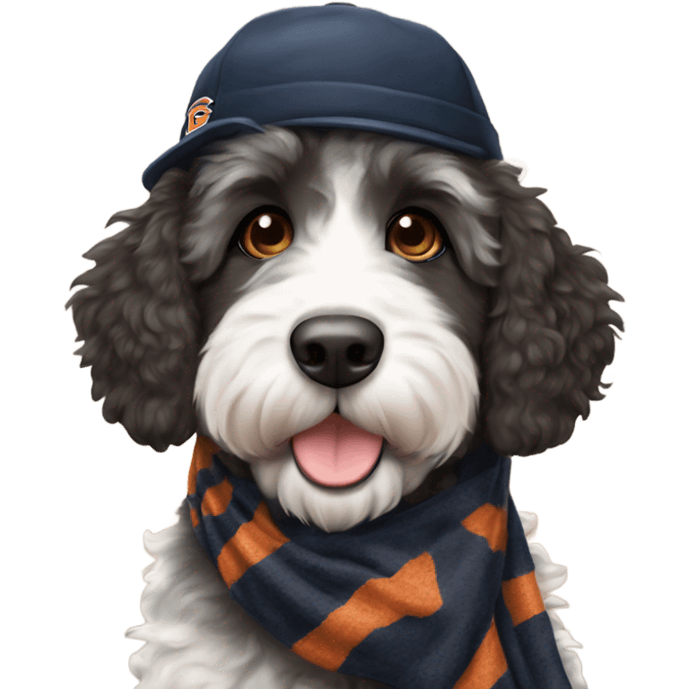 Bernedoodle with chicago bears hat and scarf emoji