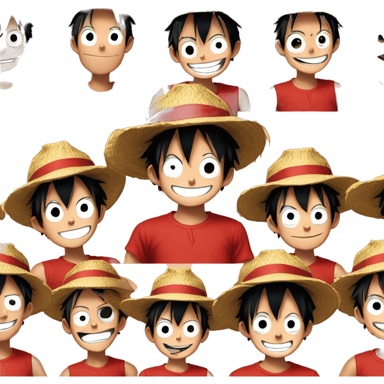 Monkey D LUFFY, Young guy with black hair in a red tank top, wearing a round straw hat with a  red ribbon is making an extremely goofy silly face with a huge smile emoji