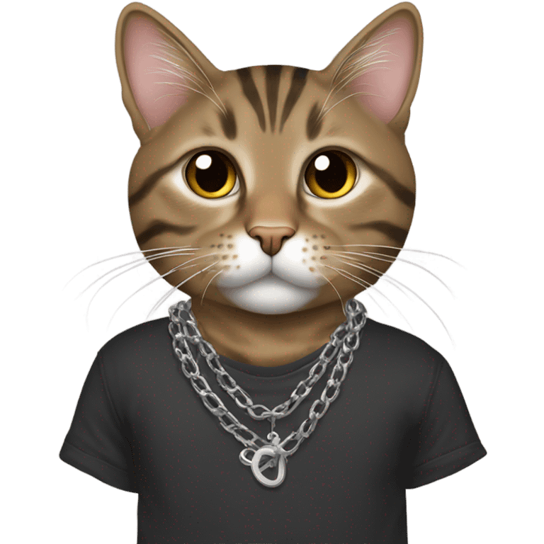 Brown tabby cat with an emo shirt and a silver chains emoji