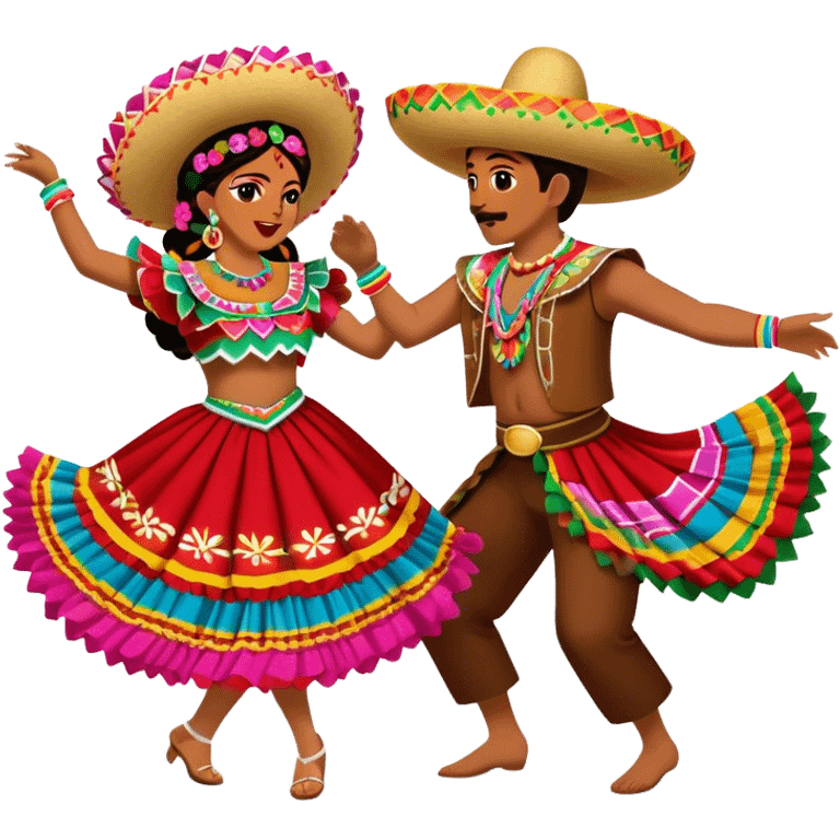 Cinematic Realistic scene of two performers dancing the Jarabe Tapatío, dressed in colorful traditional Mexican costumes with intricate embroidery, captured in energetic, festive motion with vibrant, celebratory lighting emoji