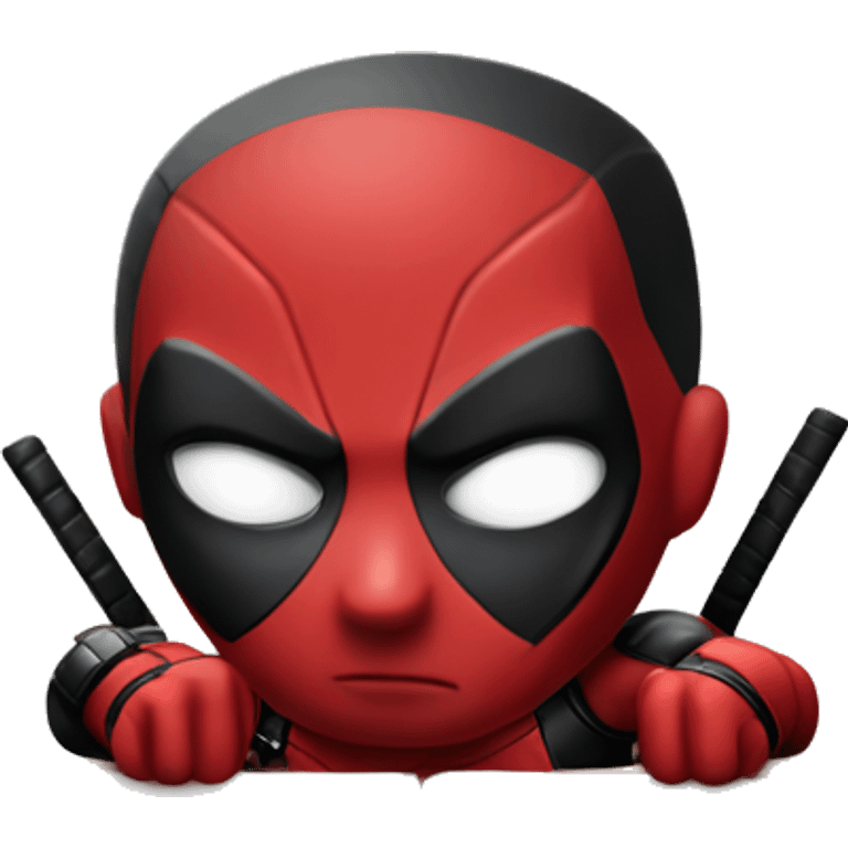 Cute Deadpool sitting at a desk, front view emoji