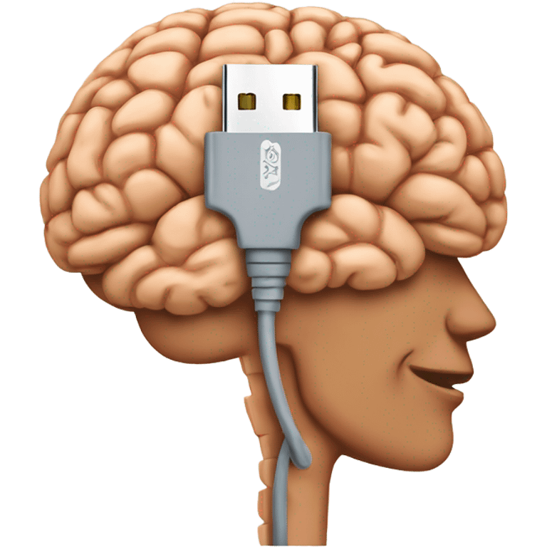 USB cable connected to human brain emoji