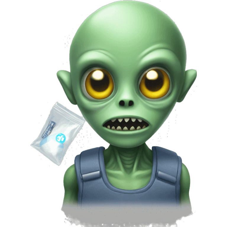 A creepy alien holding a tiny ziploc bag emoji