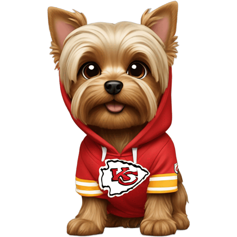 Yorkie wearing a chiefs hoodie emoji