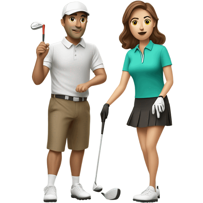 Brown haired guy and brown haired girl in golf skirt golfing emoji