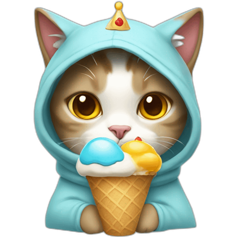 Cat wearing a hoodie having a crown on its head and holding an ice cream  emoji