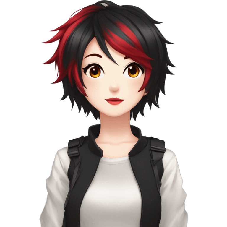 Gorgeous anime style tomboy-lady with blushing face aesthetic and pretty edgy black red punk hair with hair garment trending style emoji