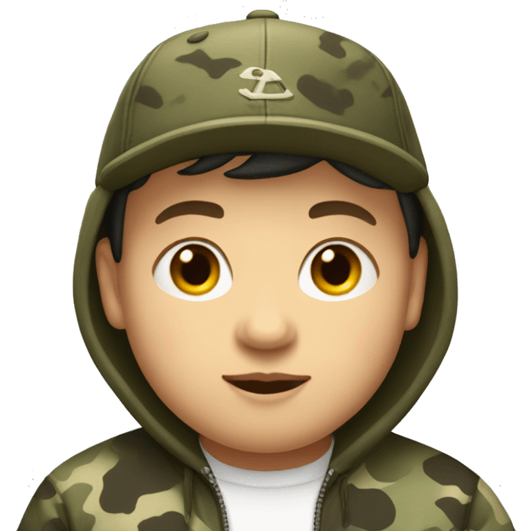 A boy with short hair, a hoodie, a baseball cap hat on that's camo, a little chubby emoji