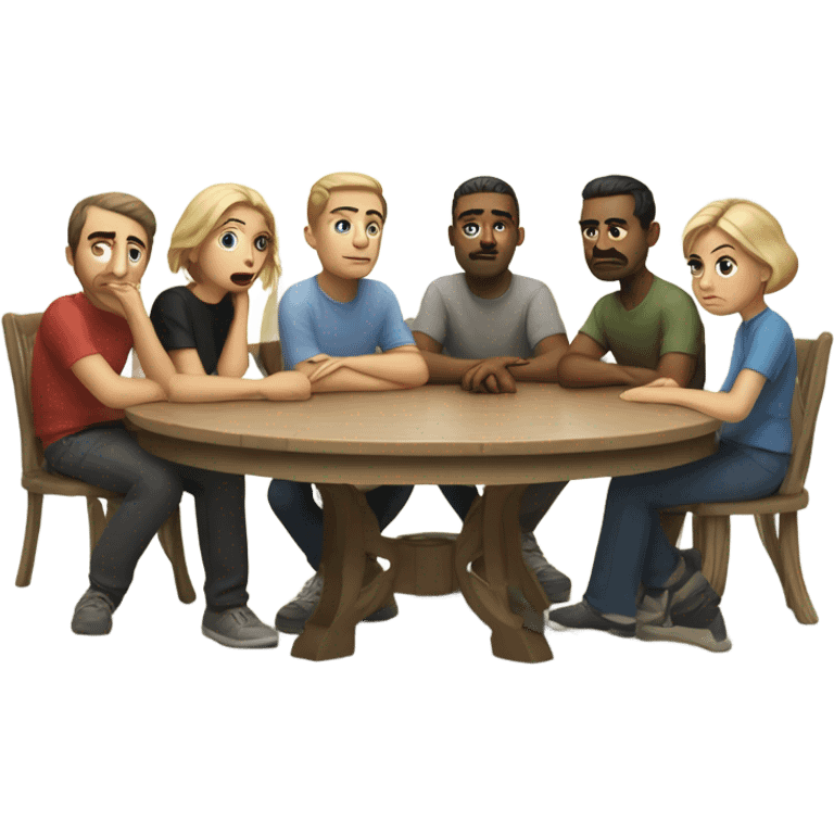 6 Caucasian people sitting around a table looking unhappy emoji