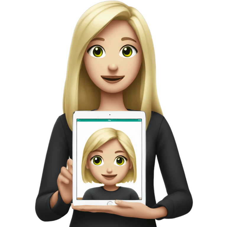 Apple grey ipad in girls hands (blond Girl whole height pinky lips greenish eyes wearing black top, holding IPad in one hand)) emoji