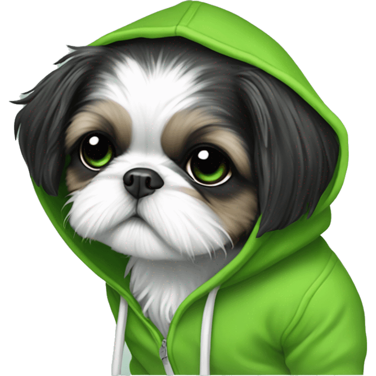 black and white shihtzu puppy with green frog hoodie emoji