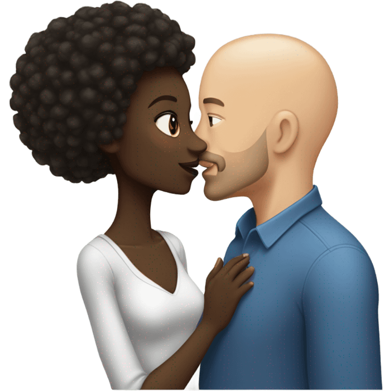 African  girl dark hair kissing white bald man with goatee emoji