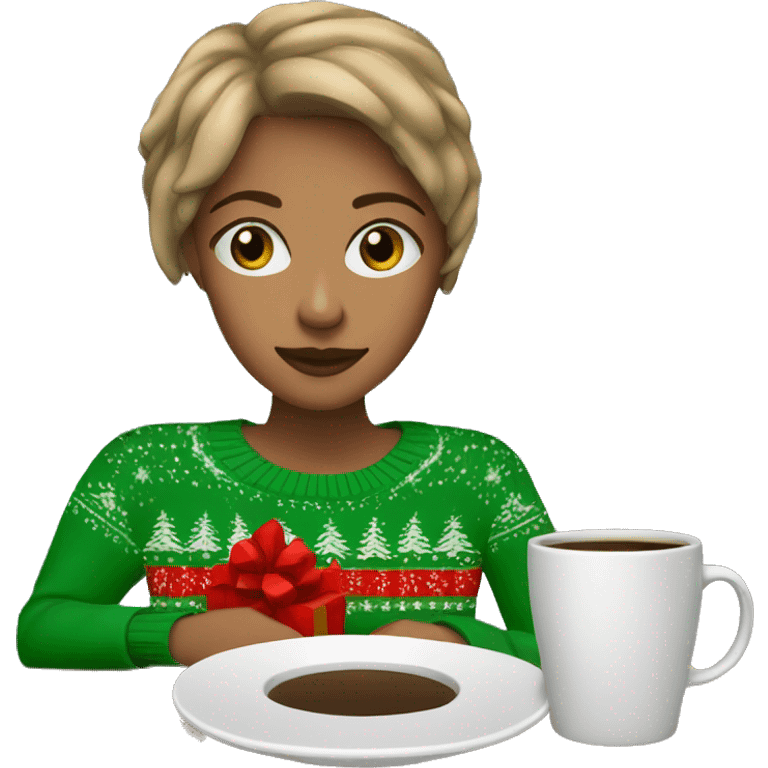 Light brown short haired girl with green eyes drinking coffee wearing blue Christmas sweater emoji