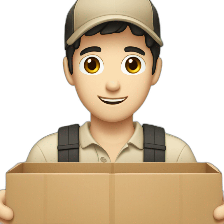 Pale skinned fit Man with black hair in a brown cap and beige polo T-shirt keeping a pasted box into his hands emoji