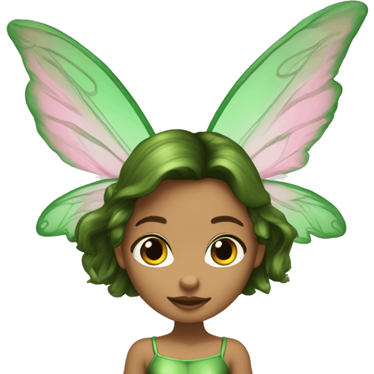 A full body of a fairy with green top and mini skirt she have a good shape of body and a long brown hair with pink flower stuck in her earring, she have the most beautiful face, and she is flying, she have green high boots heels  emoji