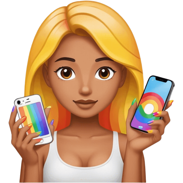 A person holding a phone with rainbow nails emoji