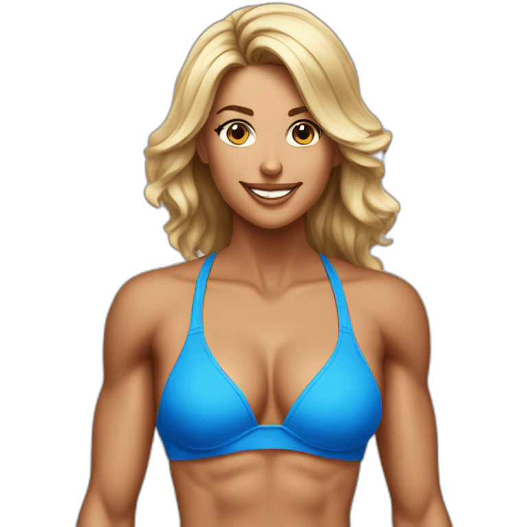 40 year old pretty woman in a blue bikini at a fitness competition  emoji