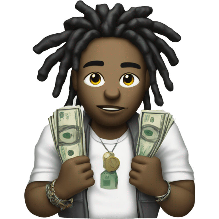 young hustler with dreads with a angry face  holding money with both hands wearing designer clothing emoji