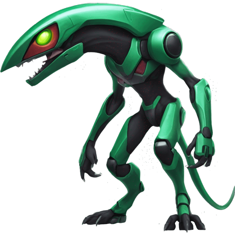 a black-green Genesect-Raptor-Fakémon—hybrid with a futuristic visor-helmet full body emoji