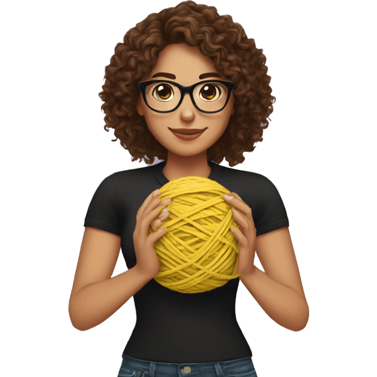 pretty Hispanic woman with long brown curly hair holding one ball of yarn with both arms wearing a black shirt and black glasses emoji