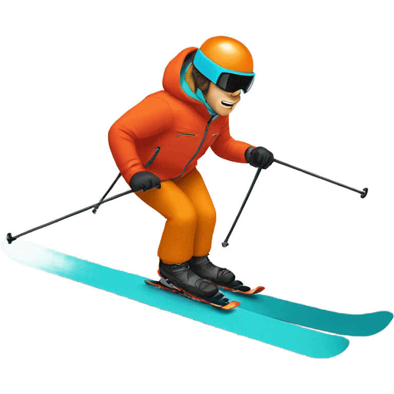 white man skiing wearing an ORANGE JACKET and a RED HELMET and wearing TURQUOISE PANTS emoji