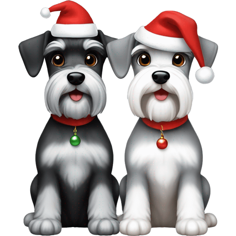 2 miniature schnauzers, 1 grey and one black and white, wearing Christmas hats  emoji