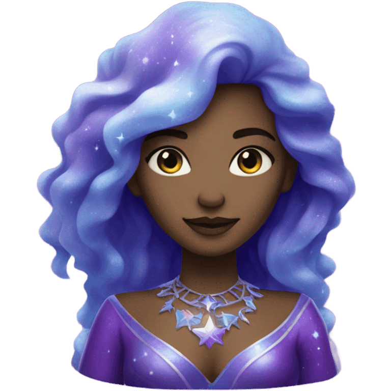 white skin mystical woman with sparkling galaxy hair with moon and stars in purple and blue shades emoji