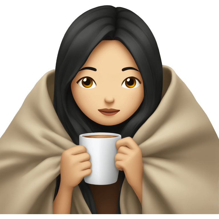 Asian girl inside a blanket sipping coffee eyes closed black hair emoji