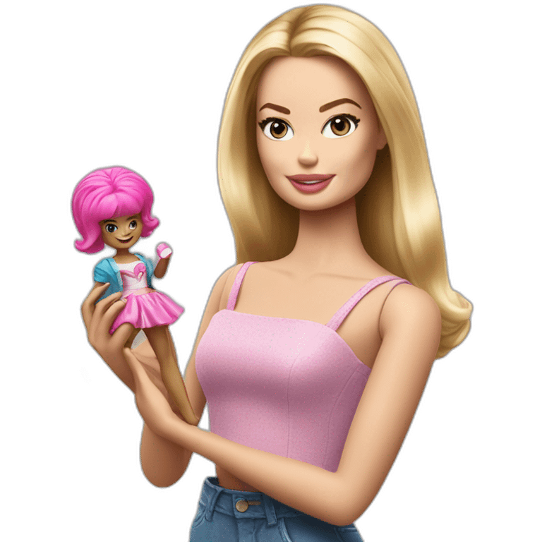 Margot Robbie playing with barbie Doll emoji