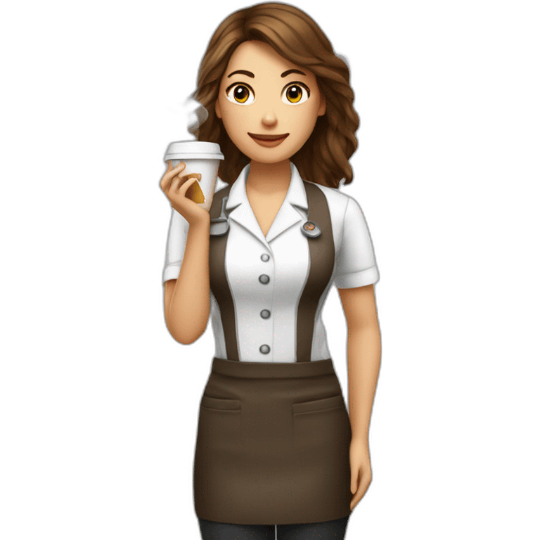 Female barista wear uniform and stand near coffee shop with cup of coffee and a cigarette emoji