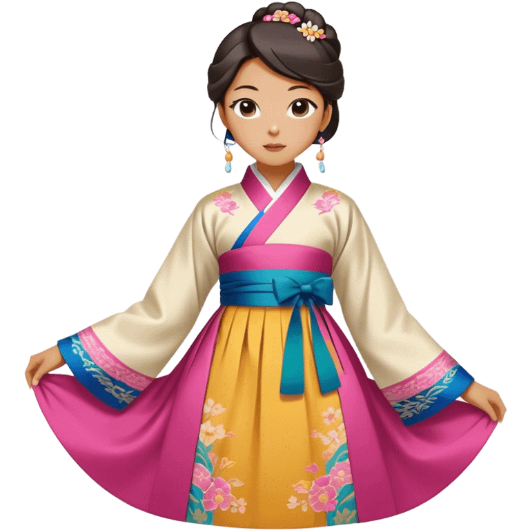 Cinematic Realistic Hanbok Emoji, depicted as a graceful intricately designed traditional Korean dress with vibrant colors and flowing lines, rendered with delicate textures and soft cultural lighting that captures its timeless elegance. emoji