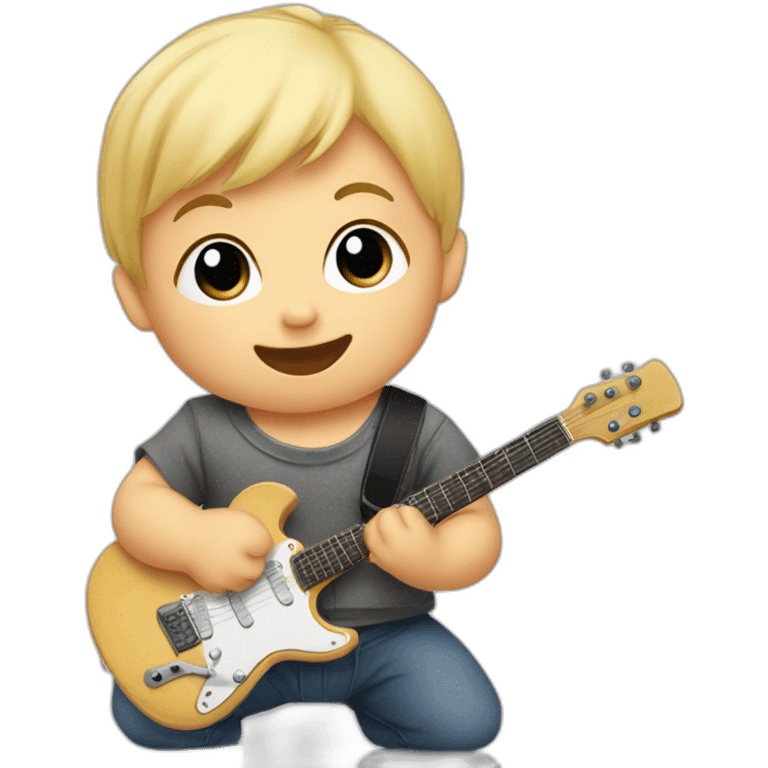 a 1-year-old baby, blond and with little hair, in diapers, playing a mini guitar emoji