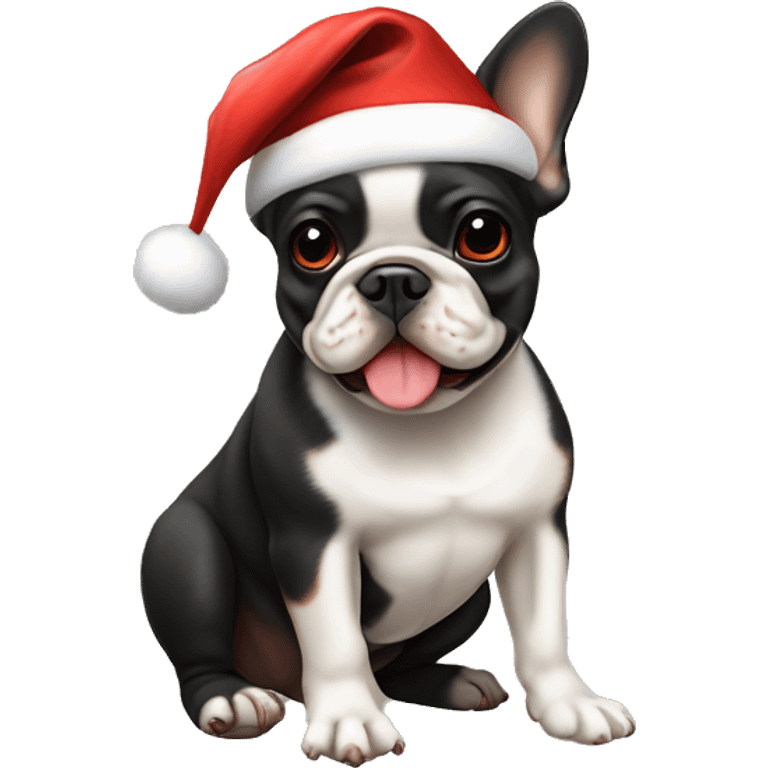 A small, black-and-tan French bulldog with a mostly black face and tan paws, wearing a classic red and white Santa hat, sitting happily with its tongue slightly out. emoji