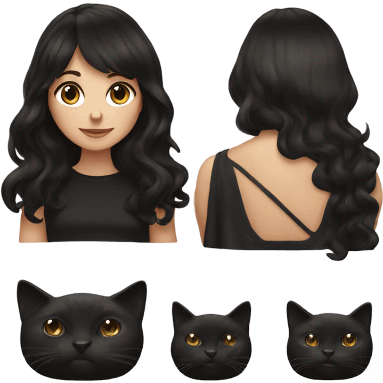 brunette girl with wavy long hair and bangs wearing all black holding black cat  emoji