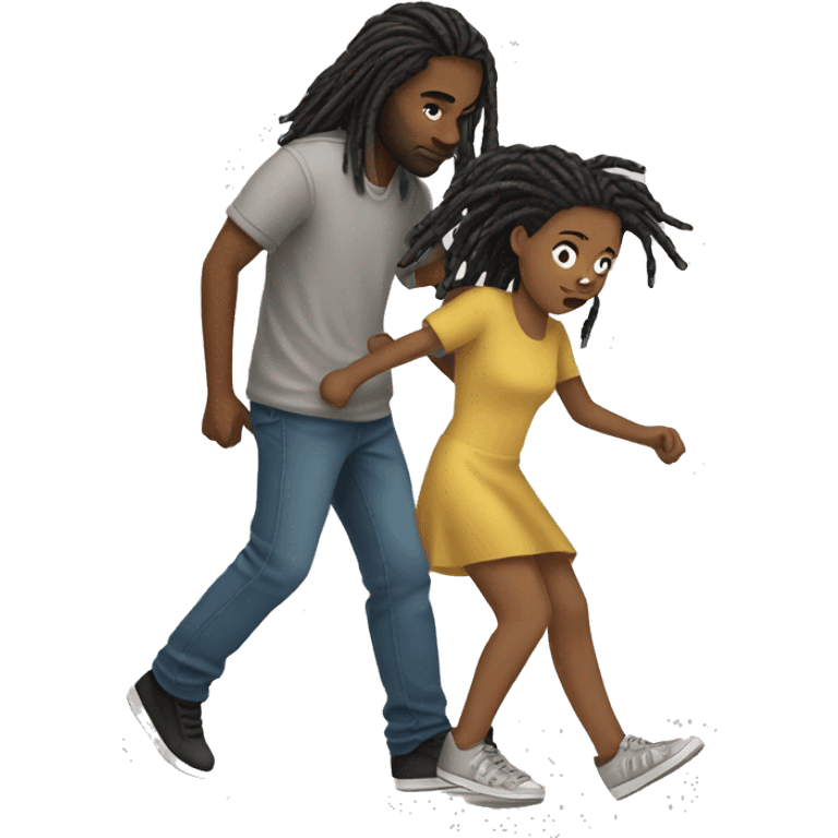 A girl dragging a boy with dreads in her hand emoji