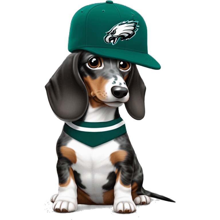 Miniature Blue Merle Medium Light Tri Brown Spotted Dachshund wearing Philadelphia Eagles Hat with C on Jersey emoji