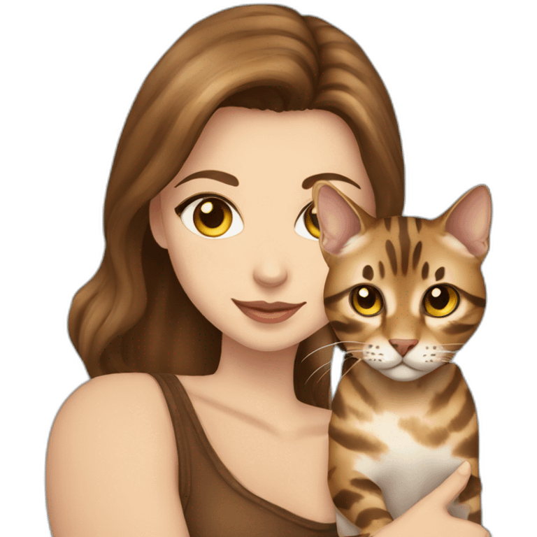 a beautiful girl with blue eyes and brown hair is holding a Bengal cat with yellow eyes in her arms emoji